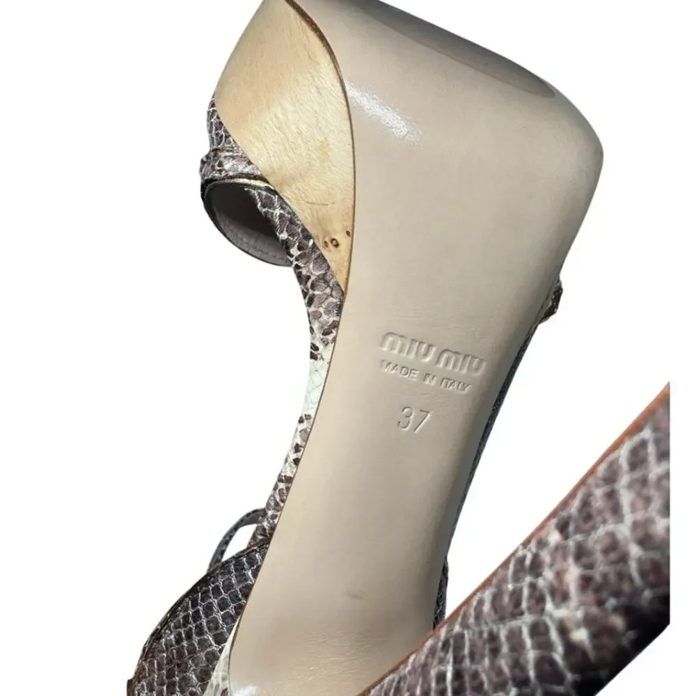 MIU MIU PYTHON LEATHER WOOD PLATFORM HIGH HEEL SHOES SIZE 37 ROCCI PLATINO BROWN